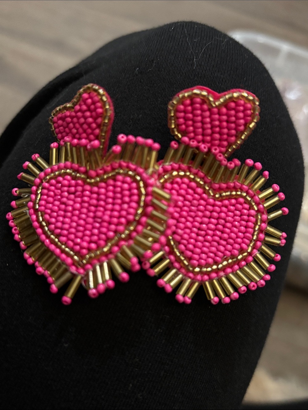 Hand-Beaded Hot Pink Heart Drop Earrings